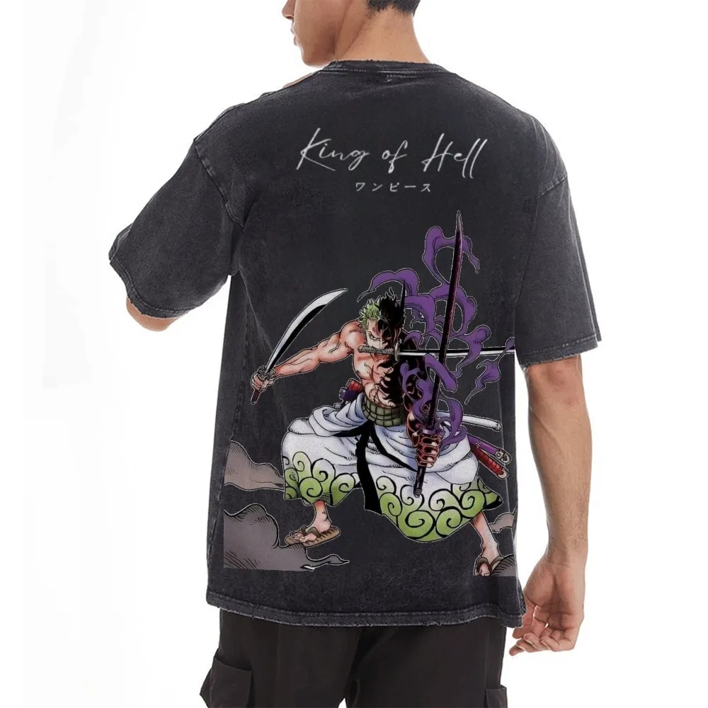 원피스 조로 지옥의 왕 빈티지 워시드 티셔츠 세 개의  - Zoro Anime Merchandise 리뷰 및 가격